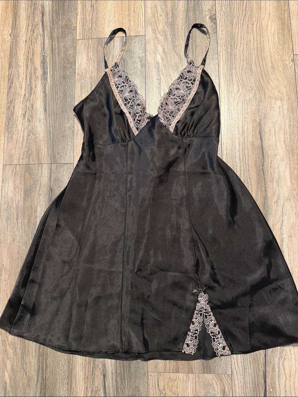 Linea Donatella Black Satin Chemise with Pink Lace Trim